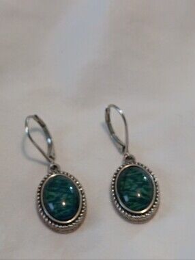 Napier Silvertone Leverback Earrings with Green Marbled Oval Stone